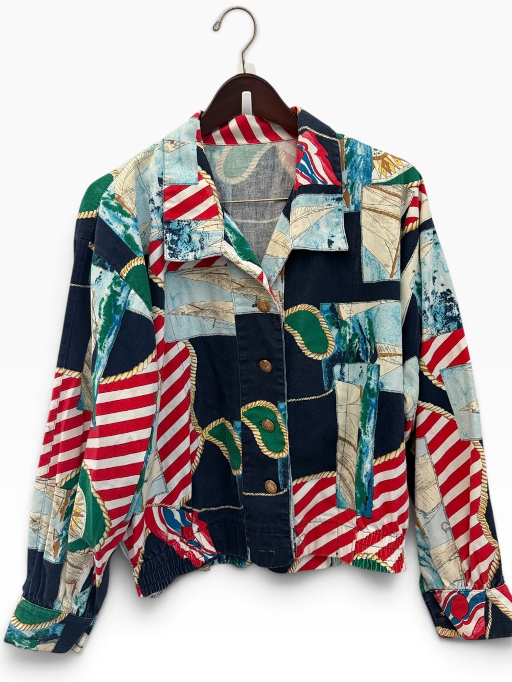 Vintage 80’s patchwork Colorblock Nautical Print Women's coastal grandma Jacket